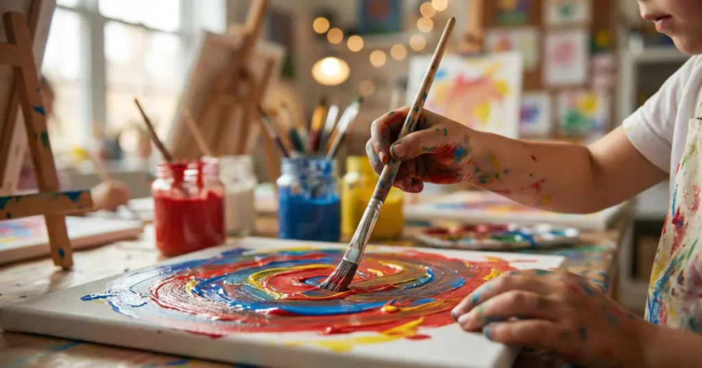 Close-up of a child's hands covered in bright paint using a brush to create colorful abstract swirls on a canvas.