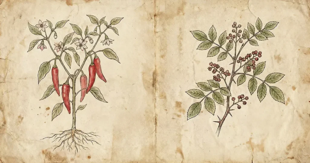Botanical illustration showing a chili pepper plant with red pods beside a mountain pepper branch with small berries.