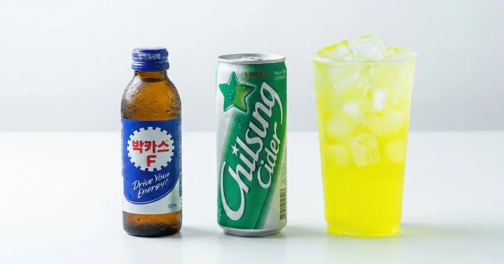 A Bacchus energy drink bottle and a can of Korean cider placed next to a clear plastic cup filled with bright yellow iced soda, showing a popular Korean convenience store DIY energy drink mix.