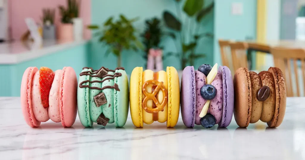 A row of five colorful fat macarons with various thick fillings including strawberry, mint chocolate, and pretzel standing on a white surface.