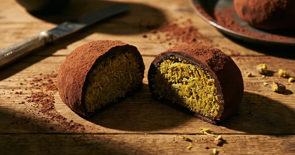 A close-up cross-section of a chocolate-coated cookie filled with dense green pistachio paste and crunchy toasted kataifi noodles.