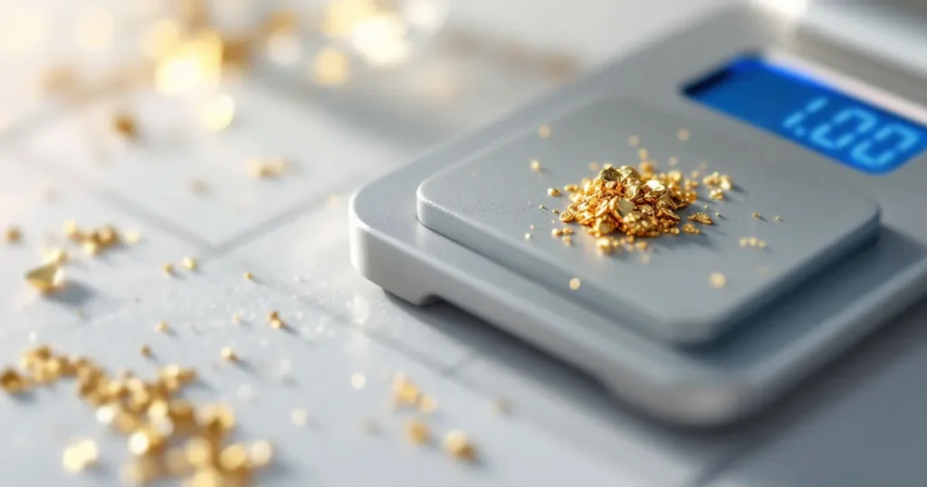 Small 24k gold nuggets and flakes on a precision digital scale with a blue LED display showing '1.00g'.