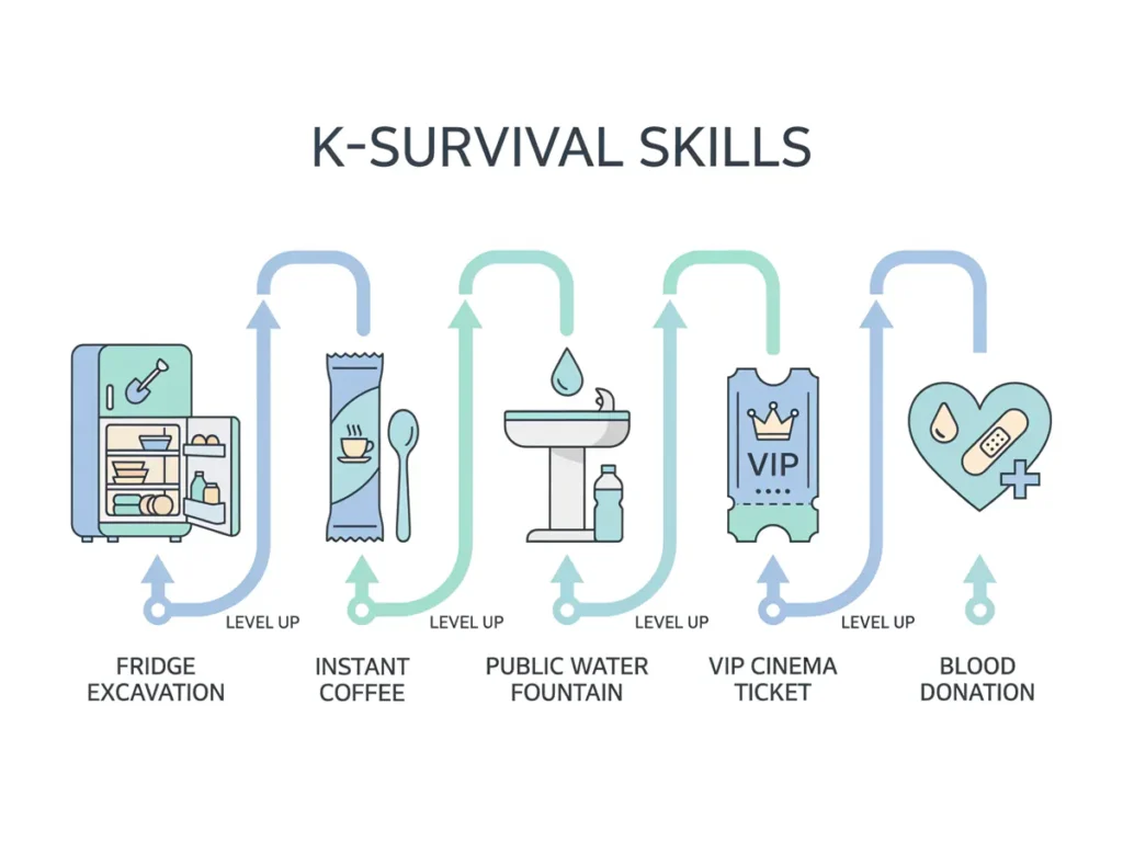 A clean infographic titled 'K-SURVIVAL SKILLS' illustrating five levels of saving money including fridge excavation and blood donation