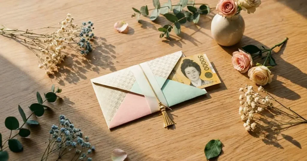 A 50,000 Korean Won bill tucked into a beautiful traditional paper envelope on a wooden table, illustrating the shift toward practical cash gifts.