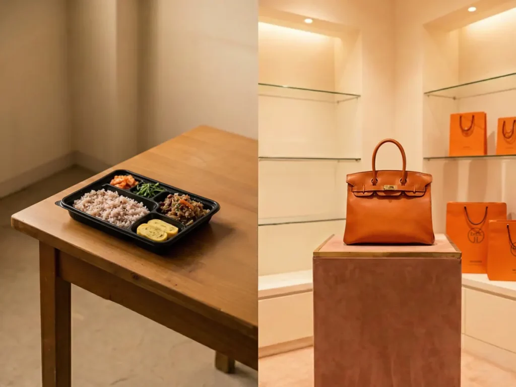 A split image showing a simple plastic lunchbox with Korean side dishes on the left and an orange luxury handbag on a display stand on the right