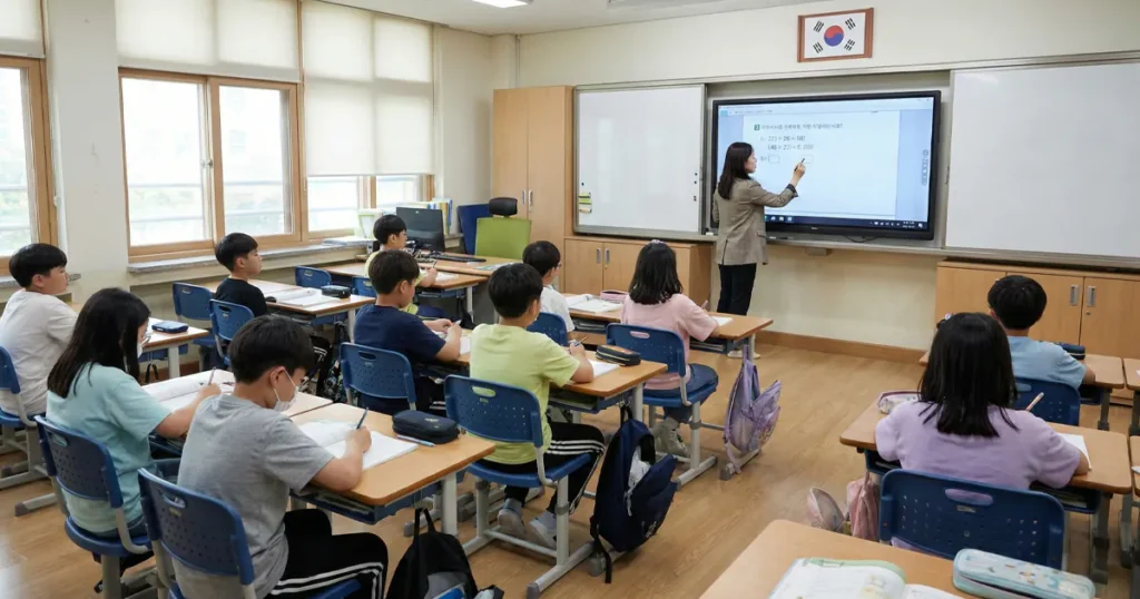 Students focusing on their desks in a bright Korean classroom while a teacher writes mathematical formulas on a large digital interactive whiteboard.