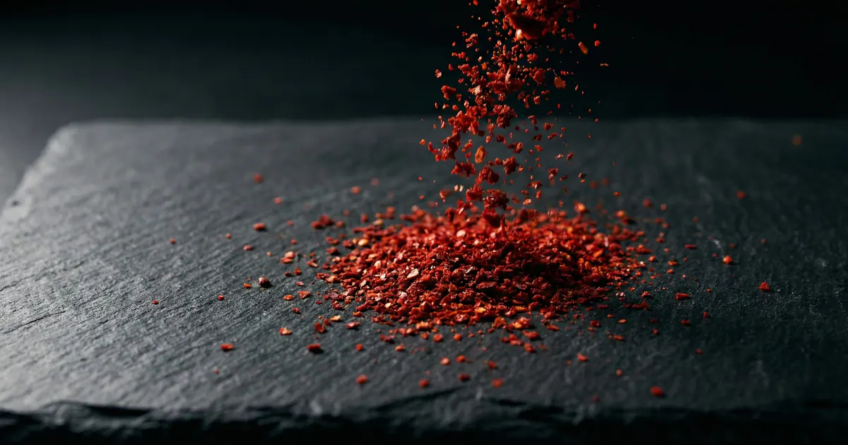 Vibrant red chili flakes falling onto a dark textured slate surface with dramatic lighting and deep shadows.