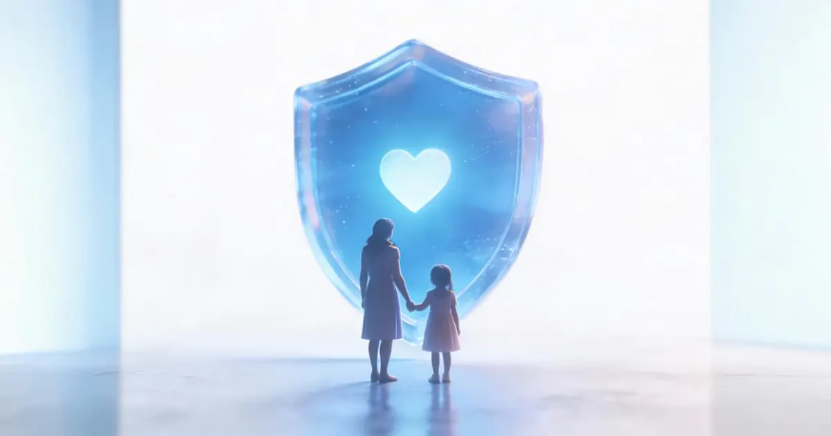 Silhouette of a mother and a small child holding hands, standing in front of a large glowing blue shield with a white heart in the center