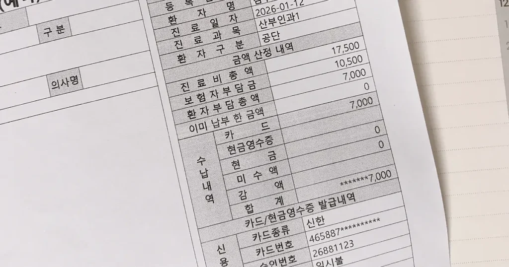 Close-up of a printed hospital receipt in Korea showing a total cost of 17,500 KRW and a final patient payment of 7,000 KRW