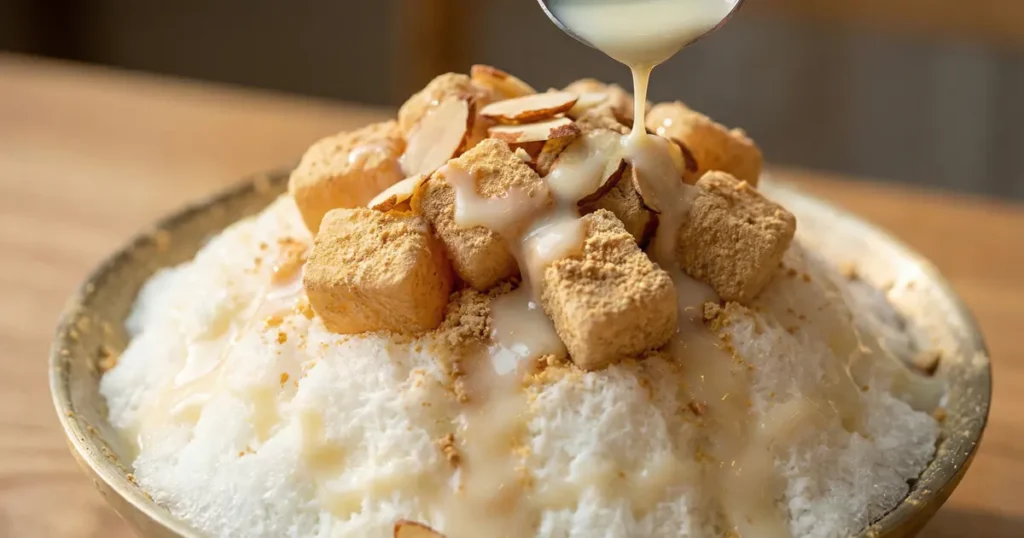 Milk-based Korean bingsu topped with injeolmi rice cake cubes coated in roasted soybean powder and drizzled condensed milk.