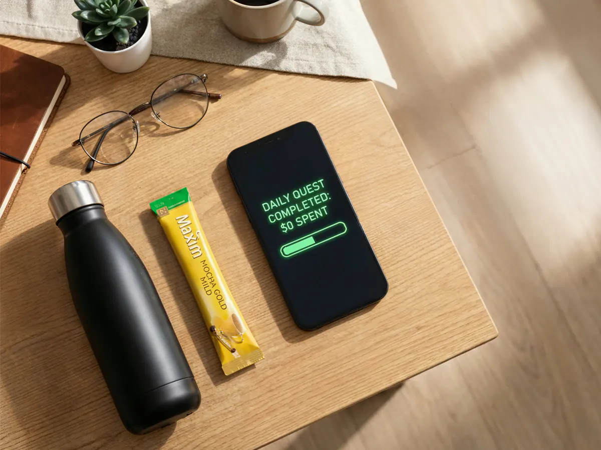 A smartphone screen displaying 'DAILY QUEST COMPLETED: $0 SPENT' on a wooden desk next to a yellow Maxim instant coffee stick and a black tumbler