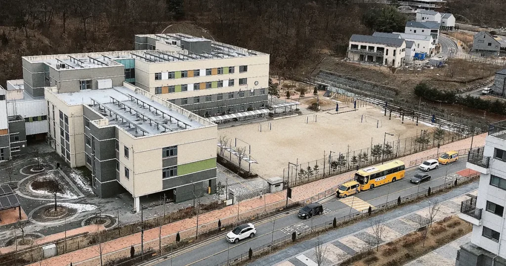 High-angle wide shot taken from a residential window showing a nearby elementary school playground and school buses on the road.