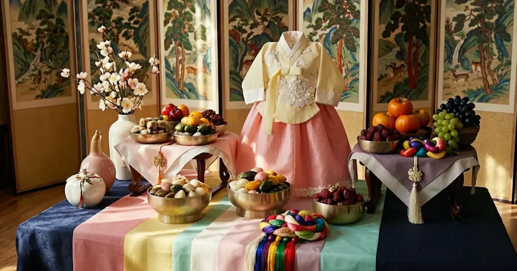 A decorated traditional Korean first birthday table with rice cakes and fruits in a modern venue.
