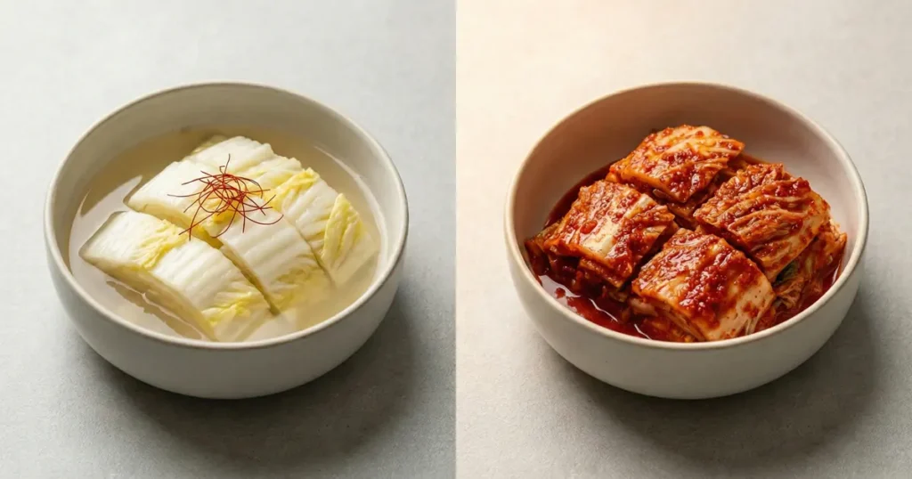 Split view showing pale white kimchi and vibrant red kimchi served in ceramic bowls.