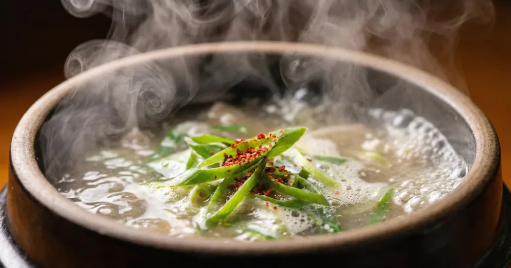 A steaming hot Korean stew in a traditional black earthenware pot topped with sliced green onions and red pepper flakes.