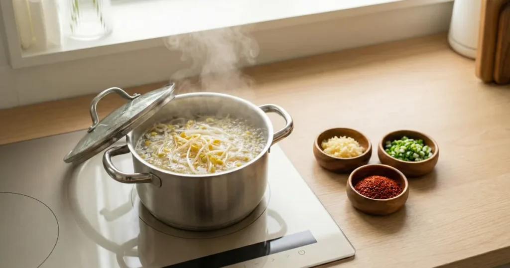 Steam rises from a boiling stainless steel pot of soybean sprouts on an induction stove next to small wooden bowls of garlic, scallions, and gochugaru.