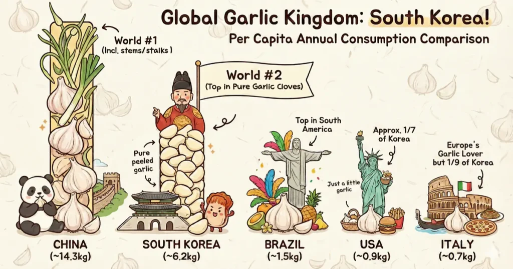 Illustrated infographic comparing per capita garlic consumption by country, highlighting South Korea as one of the top consumers worldwide.