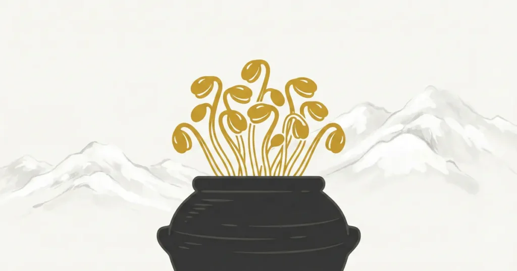 Minimalist gold illustration of soybean sprouts growing from a black traditional earthenware pot against a backdrop of soft grey snowy mountains.