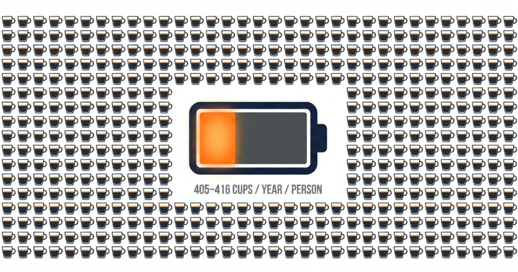 Infographic showing 405–416 cups of coffee consumed per person annually in South Korea with a low battery icon.