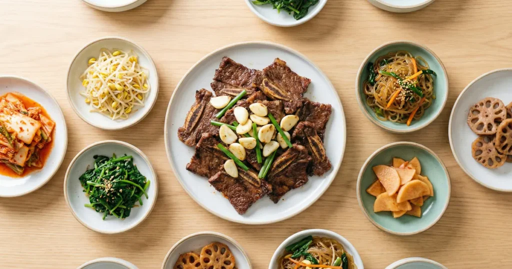 Top-down view of grilled beef ribs topped with many roasted whole garlic cloves, surrounded by small bowls of kimchi, sprouts, and glass noodles on a light wood table.