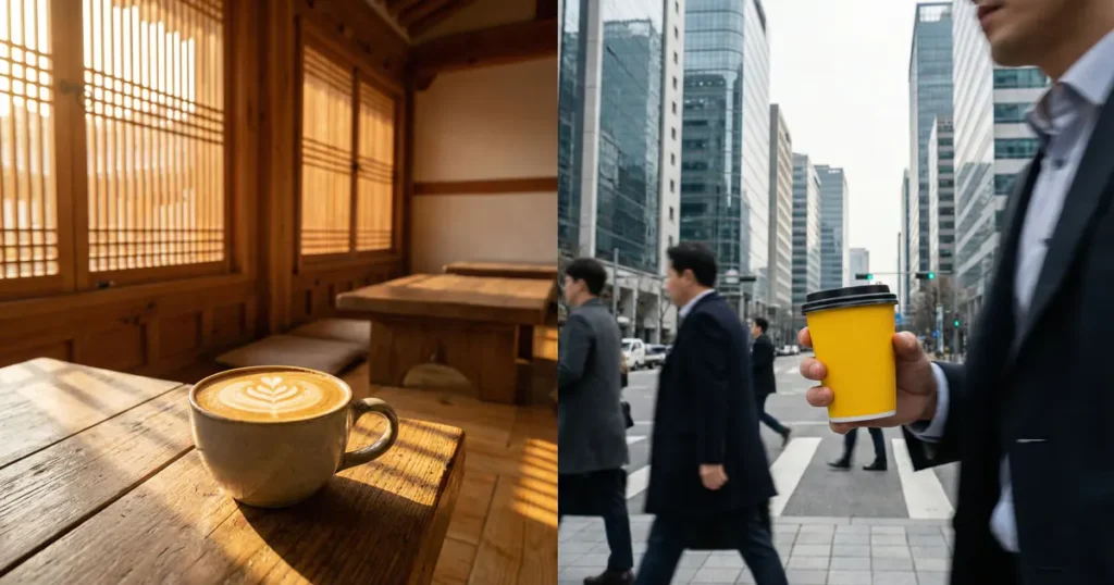 Split image of a traditional Hanok cafe interior and a person holding a yellow takeaway coffee cup on a busy Seoul street.