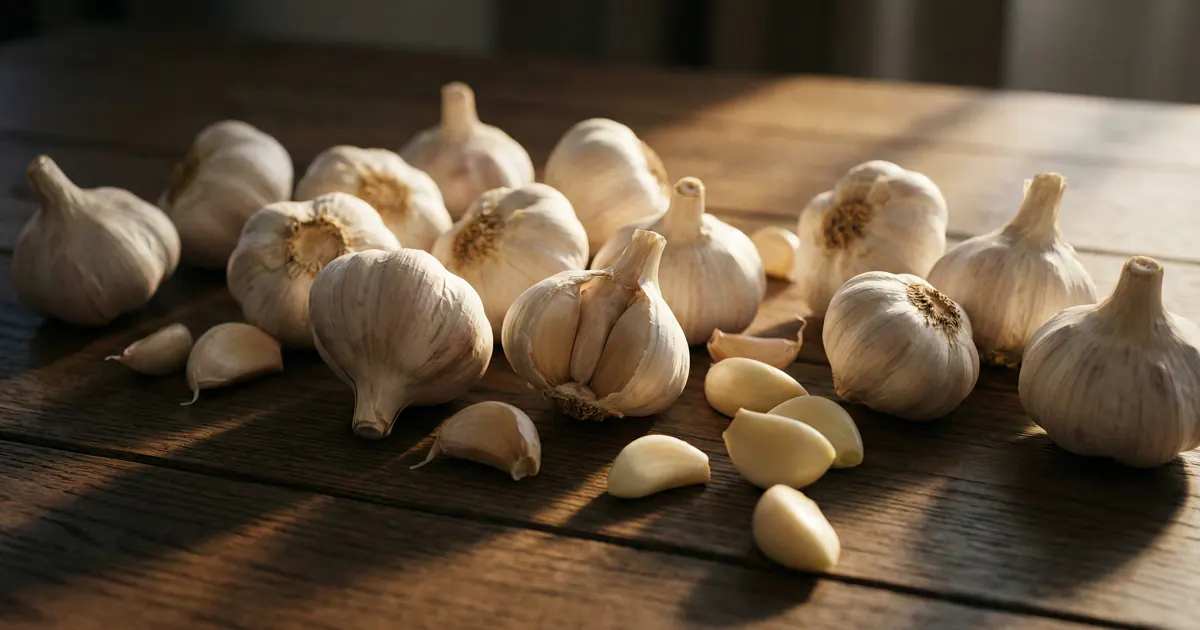 Multiple whole white garlic bulbs and several peeled ivory cloves scattered on a dark brown rustic wooden table under warm, direct morning sunlight.