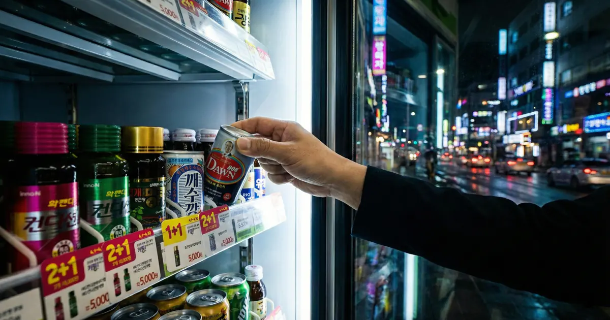 A hand reaching for a can of Dawn 808 hangover drink on a convenience store shelf at night in Seoul.