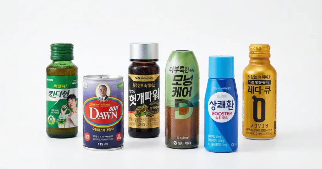Popular Korean hangover relief drinks including Condition, Dawn 808, and Morning Care.