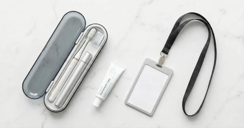 A modern dental hygiene kit with a white toothbrush and toothpaste tube next to a gray office employee ID lanyard on a white marble background.