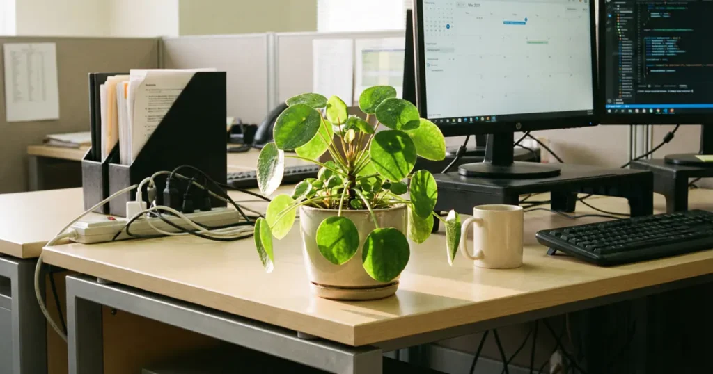 A clean office desk in the morning with a keyboard, plant, and coffee mug in Korea.