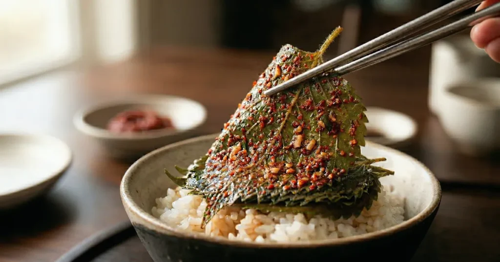 Metal chopsticks lifting a single seasoned perilla leaf coated with red chili flakes from a stack resting on a bowl of white steamed rice.