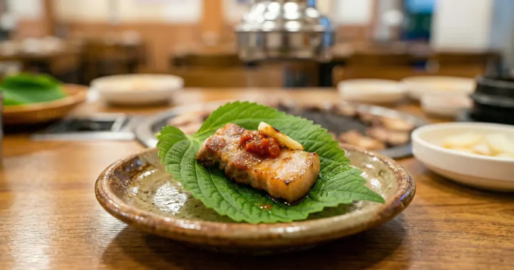 A close-up of a single green perilla leaf on a plate holding a piece of grilled pork belly topped with a dollop of red ssamjang and a slice of garlic.