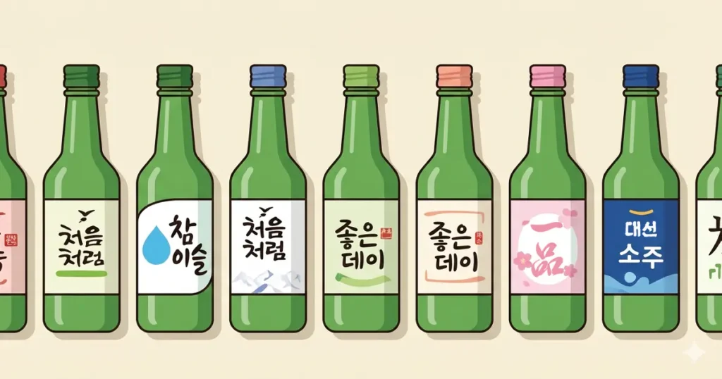 Row of various Korean soju brand bottles including Chamisul and Chum Churum with different colored caps and labels.