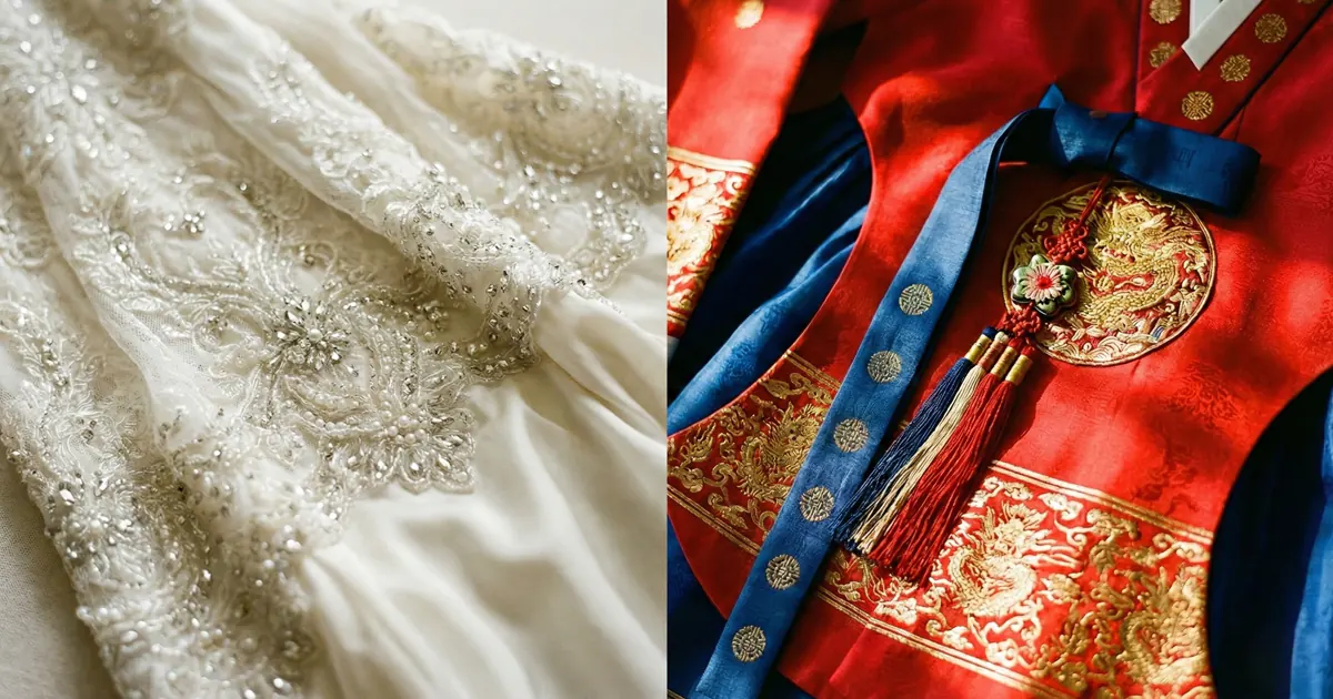 A split-screen comparison showing the intricate silver-beaded white lace of a wedding gown and the vibrant red silk of a traditional Korean Hanbok.
