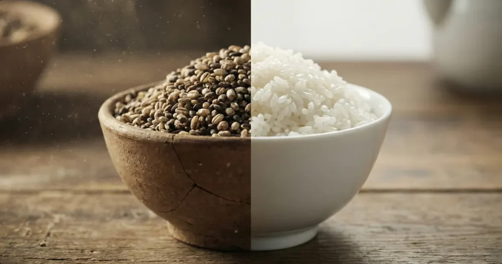 A split-screen view showing a rustic clay bowl filled with mixed barley and grains on the left, and a bright white ceramic bowl of pure white rice on the right.