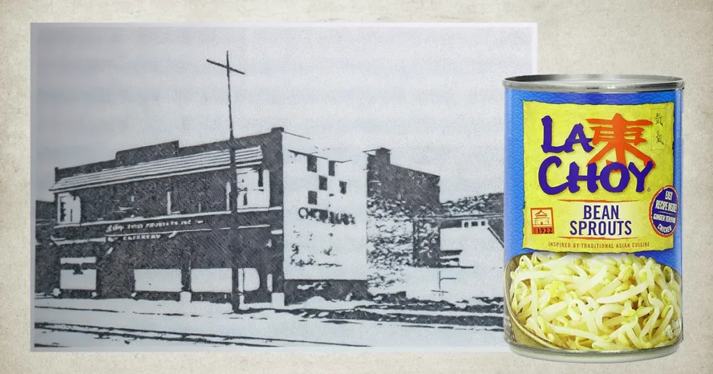 A blue can of La Choy Bean Sprouts juxtaposed with a black and white photograph of an early 20th-century industrial building.