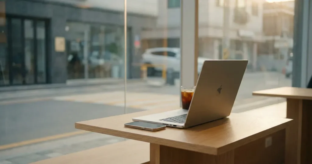 A silver laptop and a smartphone left unattended on a wooden cafe table with a glass of iced coffee, looking out through a large window toward a street.