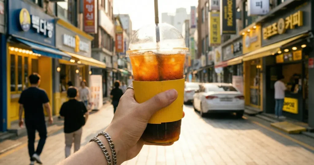 Hand holding a large iced Americano with a yellow sleeve in front of budget coffee shops in Korea.