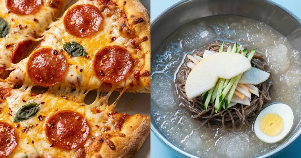 Pepperoni pizza slices next to a bowl of cold buckwheat naengmyeon noodles.