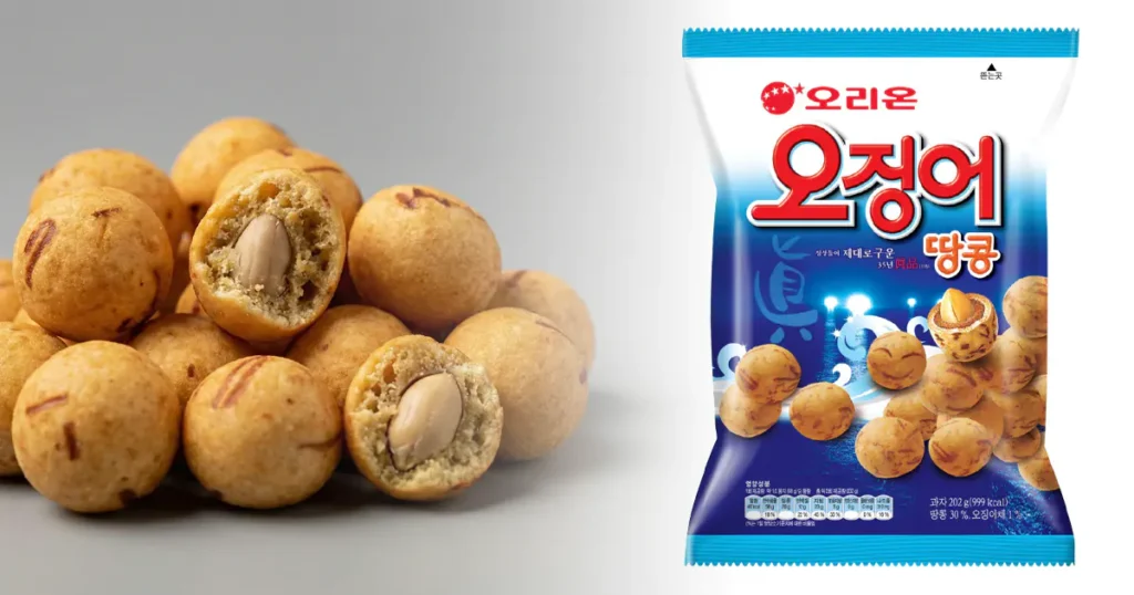 A bag of Orion Squid Peanut crackers next to a pile of crunchy round snacks with one showing a whole roasted peanut inside.