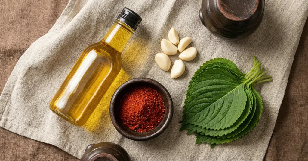 Top-down view of a glass bottle of golden perilla oil, a pile of fresh perilla leaves, whole garlic cloves, and a bowl of red chili powder on a neutral linen cloth.