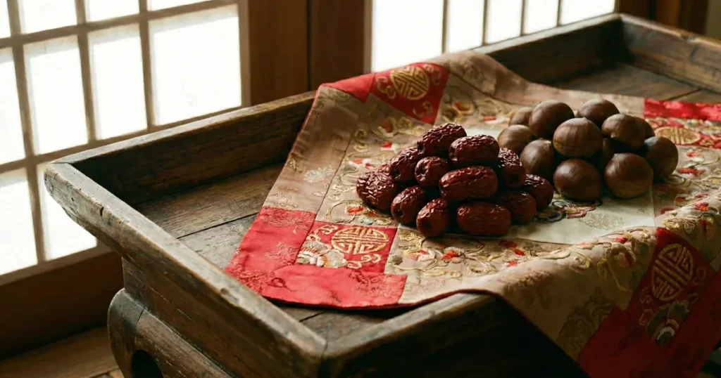 Close-up of dried red dates and brown chestnuts piled on a traditional embroidered cloth near a sunlit wooden window frame.