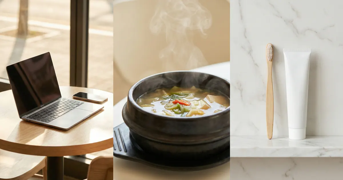 A three-part collage illustrating everyday Korean lifestyle habits, including a laptop and phone at a café table, a steaming bowl of Korean soup, and eco-friendly bathroom items.