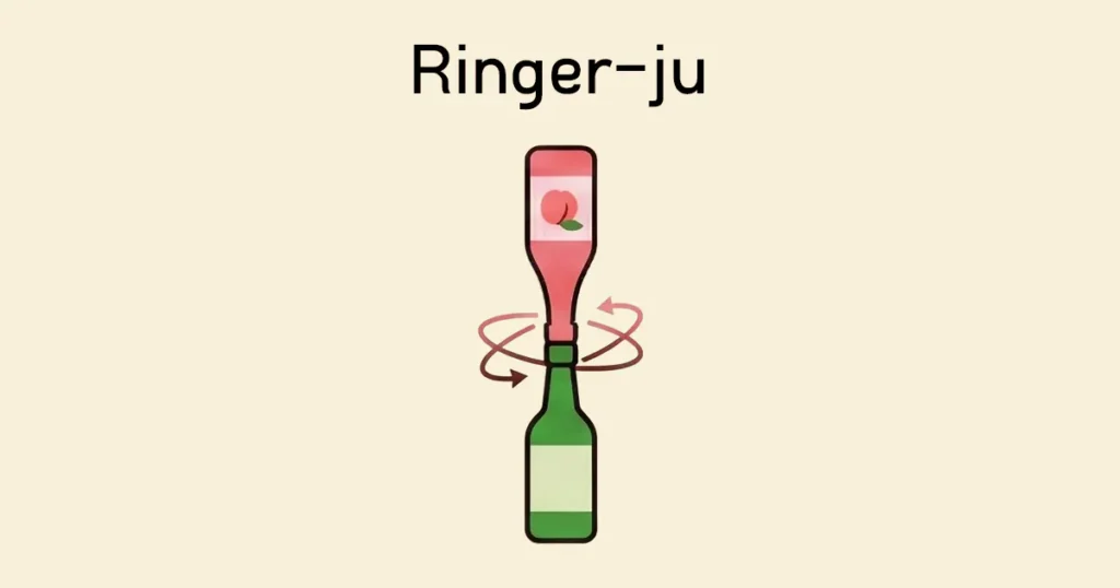 Graphic showing a pink plum wine bottle balanced upside down on an open green soju bottle with swirling arrows.