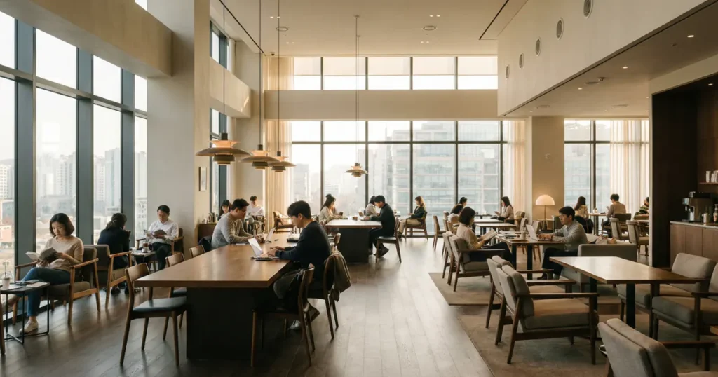 People working and reading in a spacious modern cafe with large windows in Seoul.