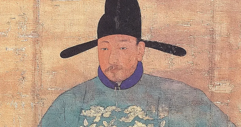 Traditional Korean portrait of an official wearing a black hat and teal robe with golden patterns.