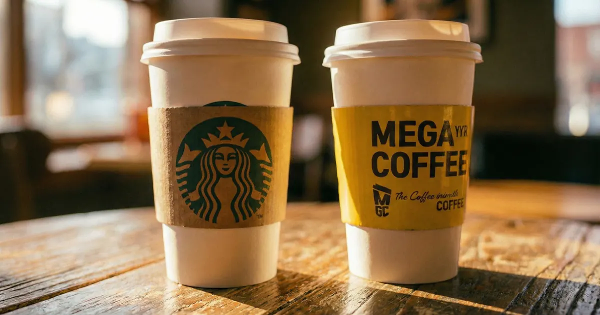 A Starbucks cup and a Mega Coffee cup on a wooden table in Seoul, symbolizing Korea’s premium and budget coffee market divide.