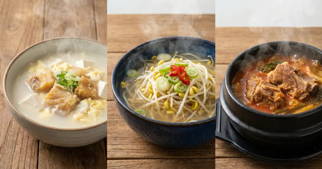 Steaming bowls of Korean hangover soups including bean sprout soup, pollack soup, and pork bone stew.