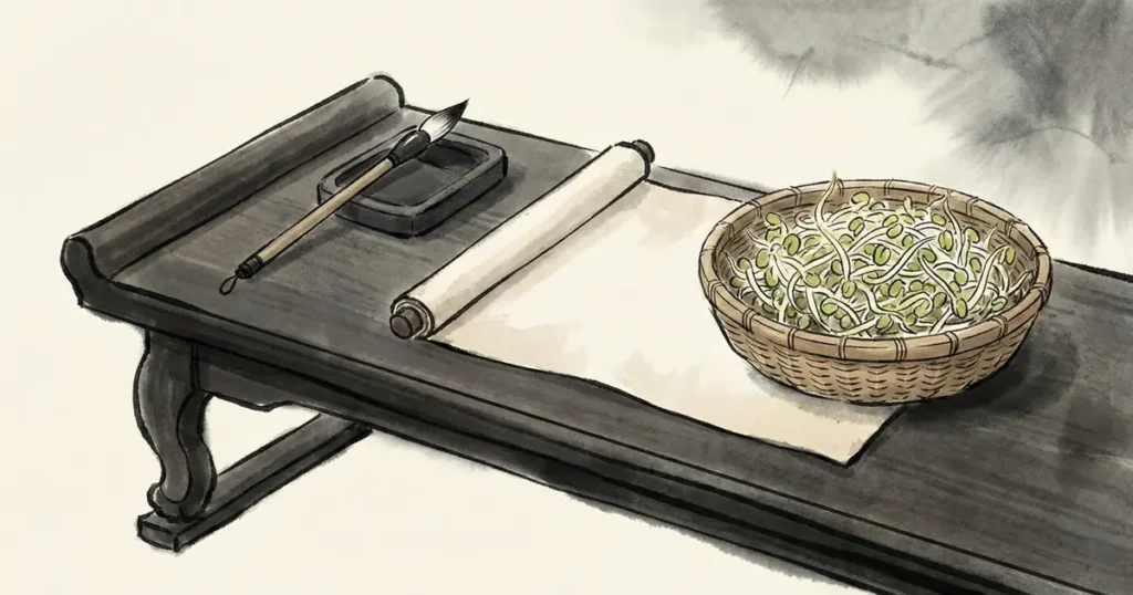 Ink wash painting style illustration of mung bean sprouts in a woven basket beside a paper scroll and calligraphy brush.