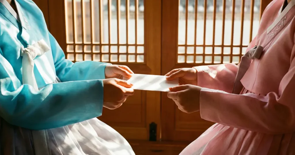 Two people in traditional Korean hanbok passing an envelope to each other indoors.